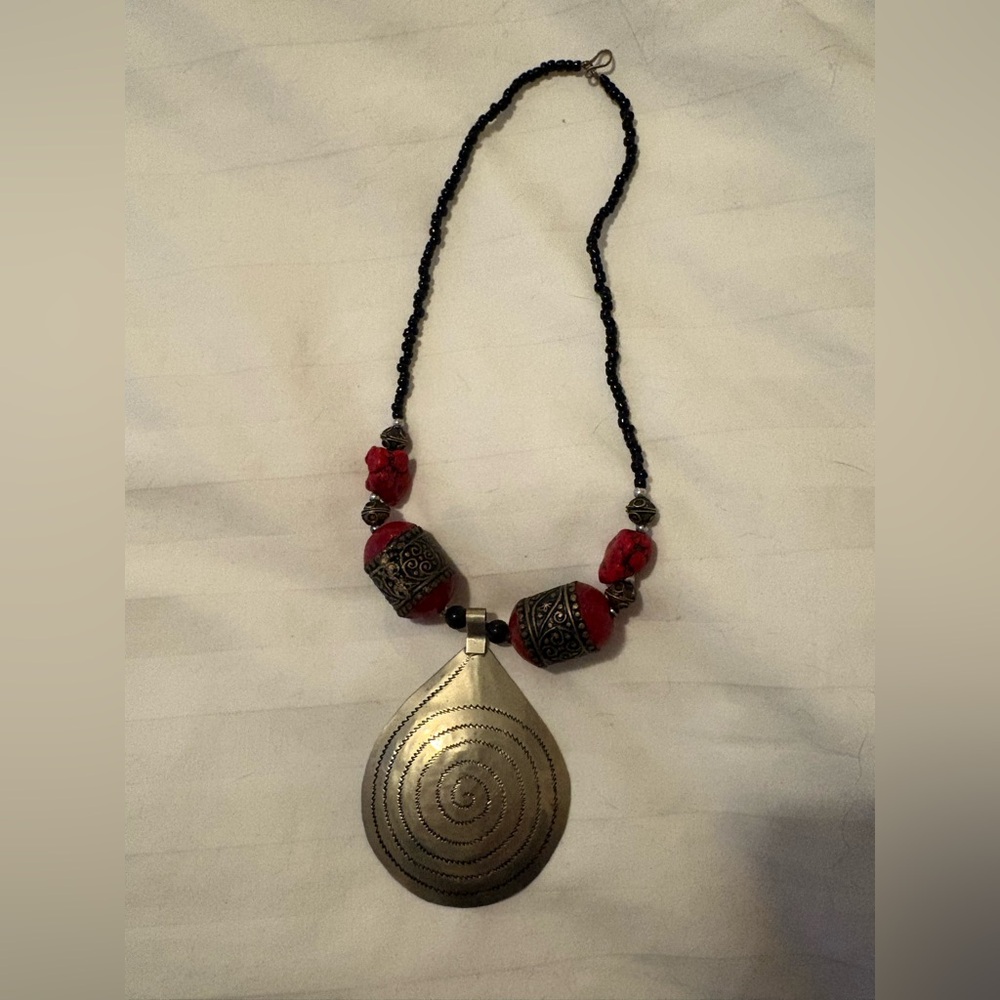 Moroccan Red and Silver Pendant Necklace